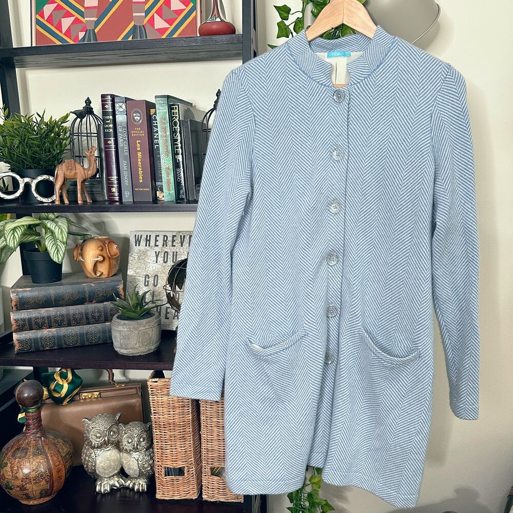 J. MCLAUGHLIN 100% Cashmere Herringbone Cardigan Sweater Coat Blue Sz L {3D37} - Picture 2 of 7